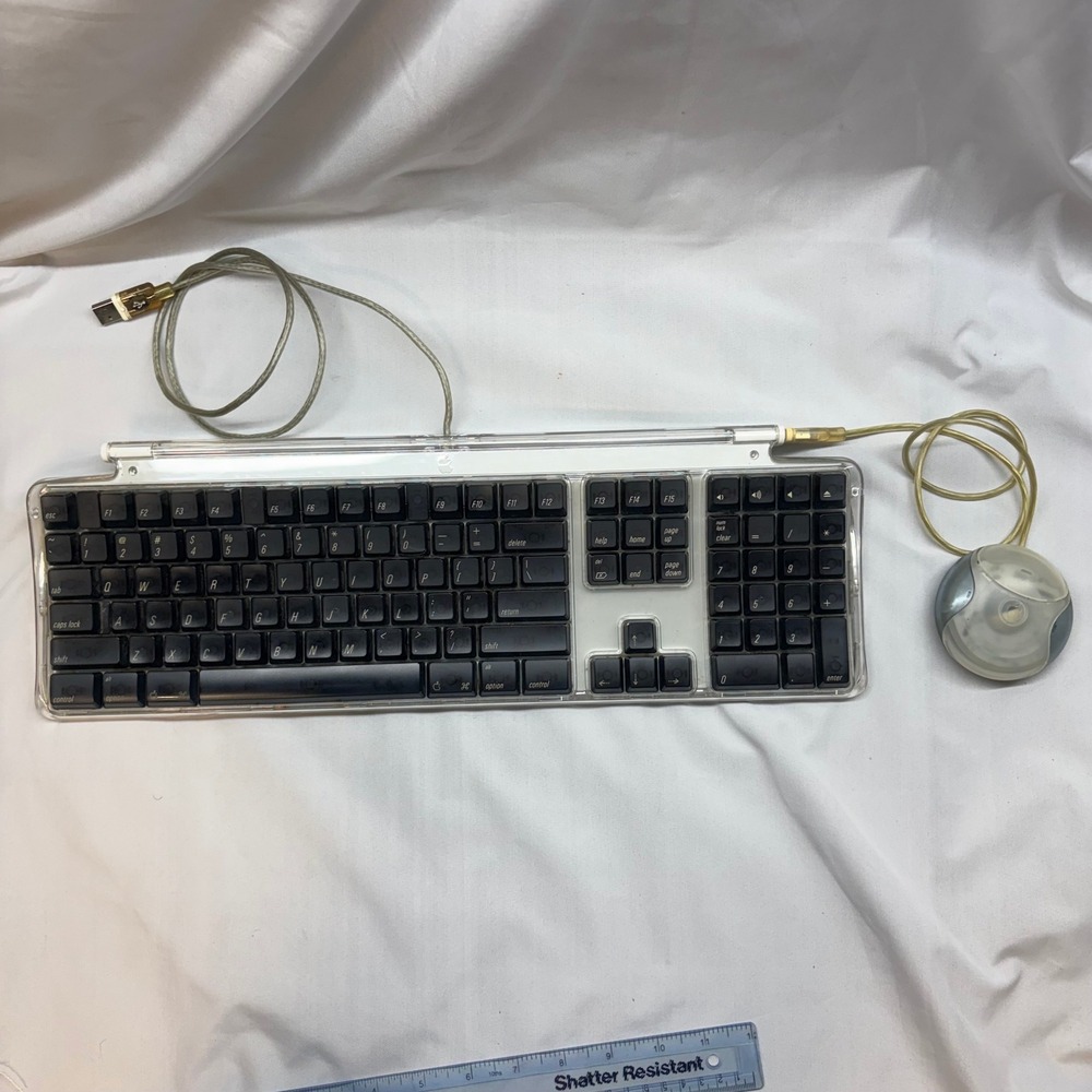 Apple Pro Keyboard M7803 & USB Mouse M4848 Black Clear Set Vintage 2000 GOOD